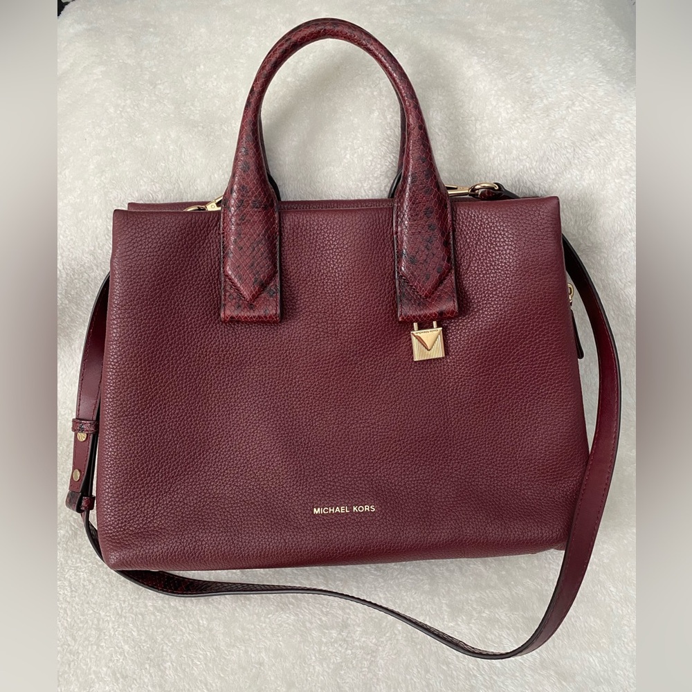 Michael Kors Wine Pebbled Leather Satchel with Gold Hardware